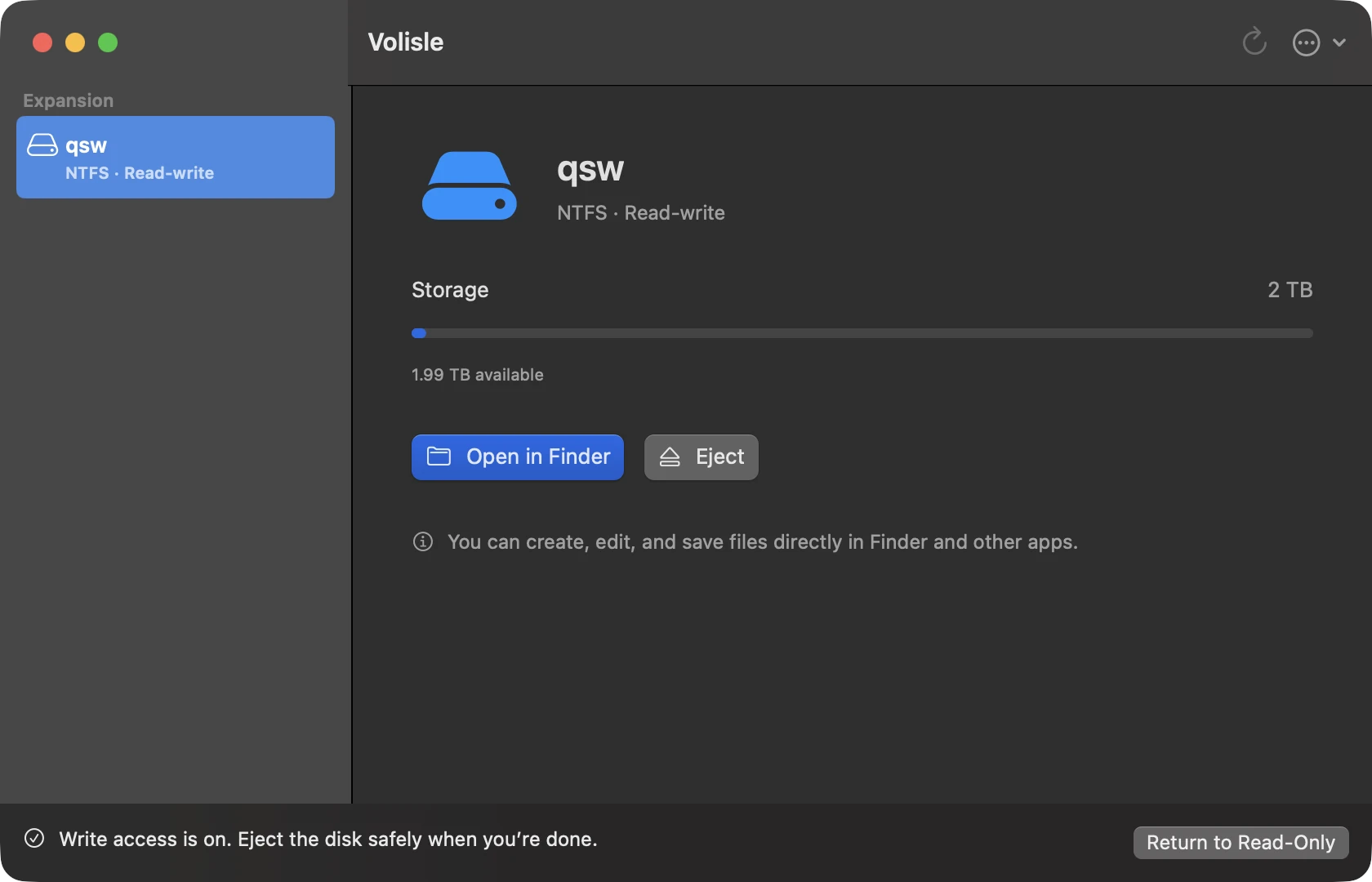 Volisle in Dark Mode: a 2 TB NTFS drive with write access on