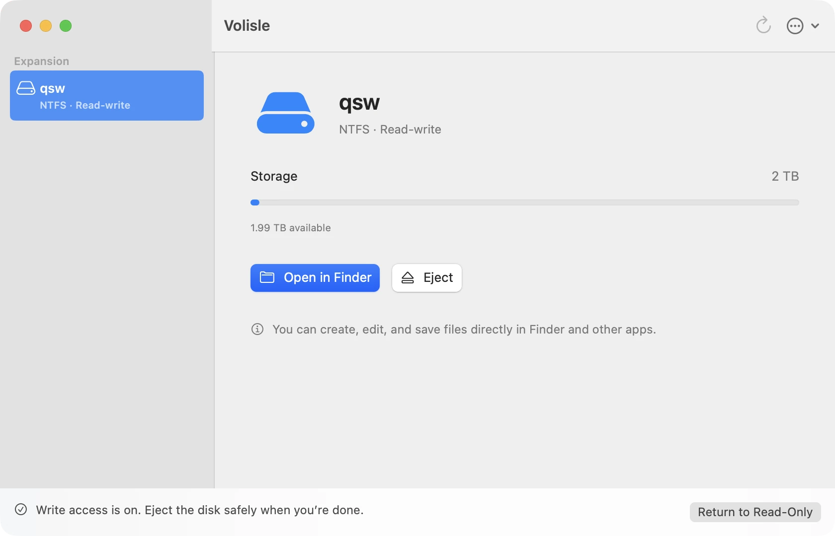 Volisle screenshot: a 2 TB NTFS drive with write access on, ready to open in Finder or eject